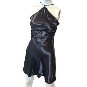Black Satin Halter Mini Slip Dress with Beaded Strap sz M